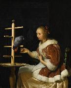 Frans van Mieris A Young Woman in a Red Jacket Feeding a Parrot oil on canvas